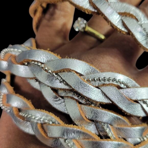 Banana Republic Silver Braided Skinny Belt Leather Metallic Embellished One Size - Picture 1 of 13